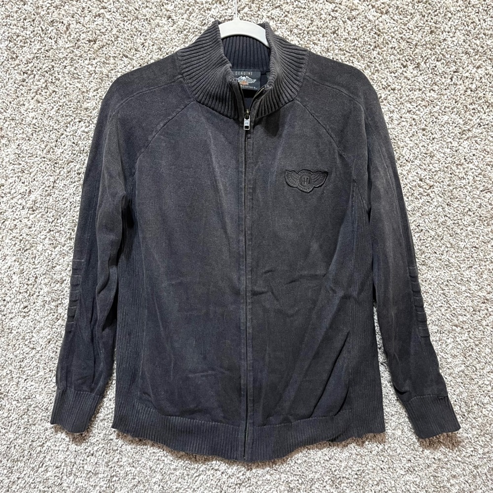 Harley-Davidson Black Full Zip Mock Neck Logo Cotton Knit Cardigan Sweater Large